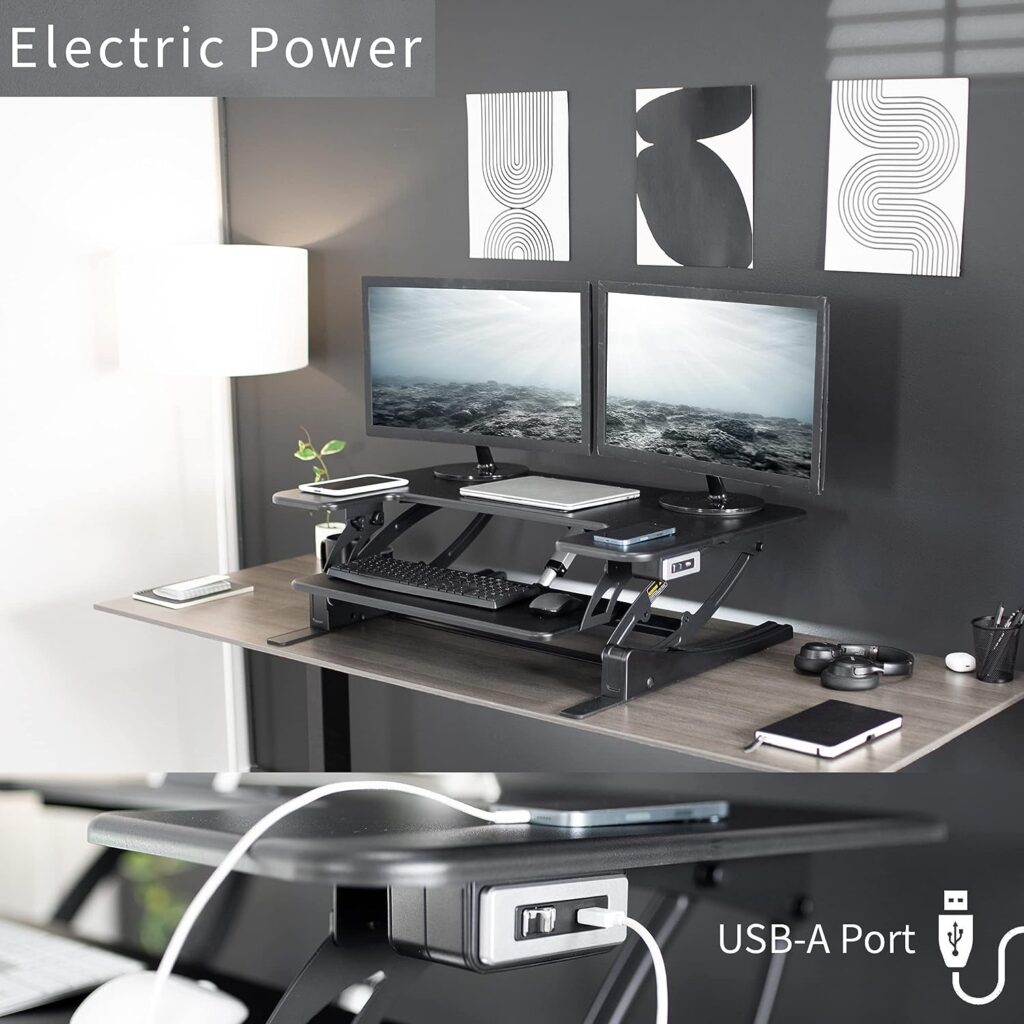 VIVO 36 inch Electric Height Adjustable Stand Up Desk Converter, VE Series, Sit to Stand Tabletop Dual Monitor Riser with USB Port, Black, DESK-V000VE