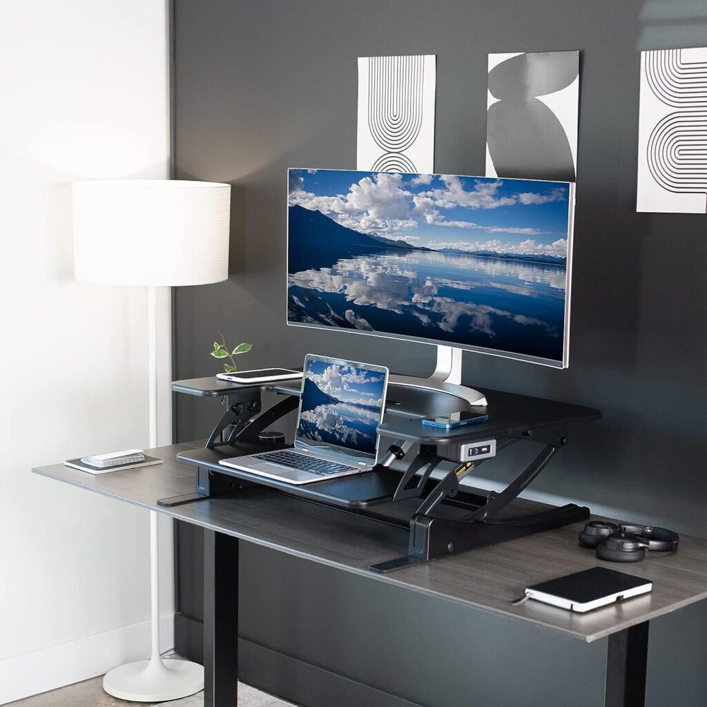 VIVO 42 inch Electric Height Adjustable Stand Up Desk Converter, VE Series, Sit to Stand Tabletop Dual Monitor Riser with USB Port, Black, DESK-V000VLE