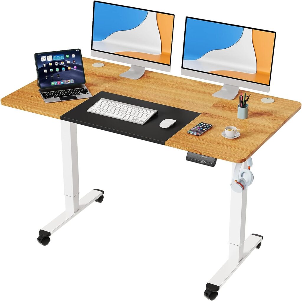 WOKA Dual Motor Electric Standing Desk, 55 x 28 Adjustable Height Stand up Desk, Sit Stand Desk for Home Office with 4 Memory Controller, Motorized Desk with Splice Board, Black and Oak Tabletop